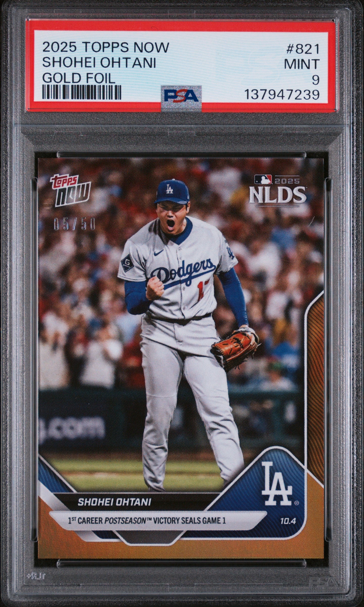 Graded 2025 Topps Now Shohei Ohtani #821 Gold Foil /50 Baseball Card PSA 9 Mint
