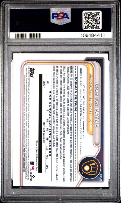 Graded 2024 Topps Bowman Sapphire Edition Braylon Payne #BDC72 Rookie RC Baseball Card PSA 10 Gem Mint