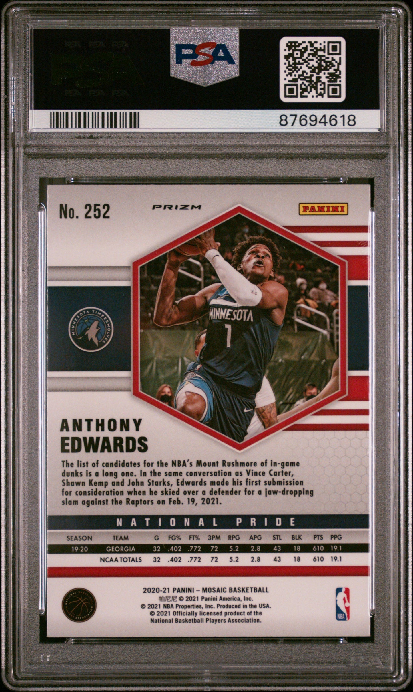 Graded 2020 Panini Mosaic Anthony Edwards #252 Camo Pink Rookie RC Basketball Card PSA 10 Gem Mint
