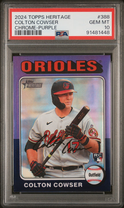 Graded 2024 Topps Heritage Colton Cowser #388 Chrome Purple Rookie RC Baseball Card PSA 10 Gem Mint