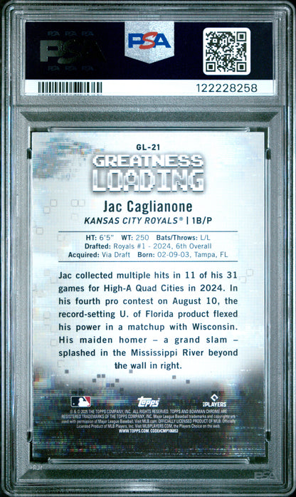 Graded 2025 Topps Bowman Jac Caglianone #GL21 Greatness Loading Rookie RC Baseball Card PSA 9 Mint