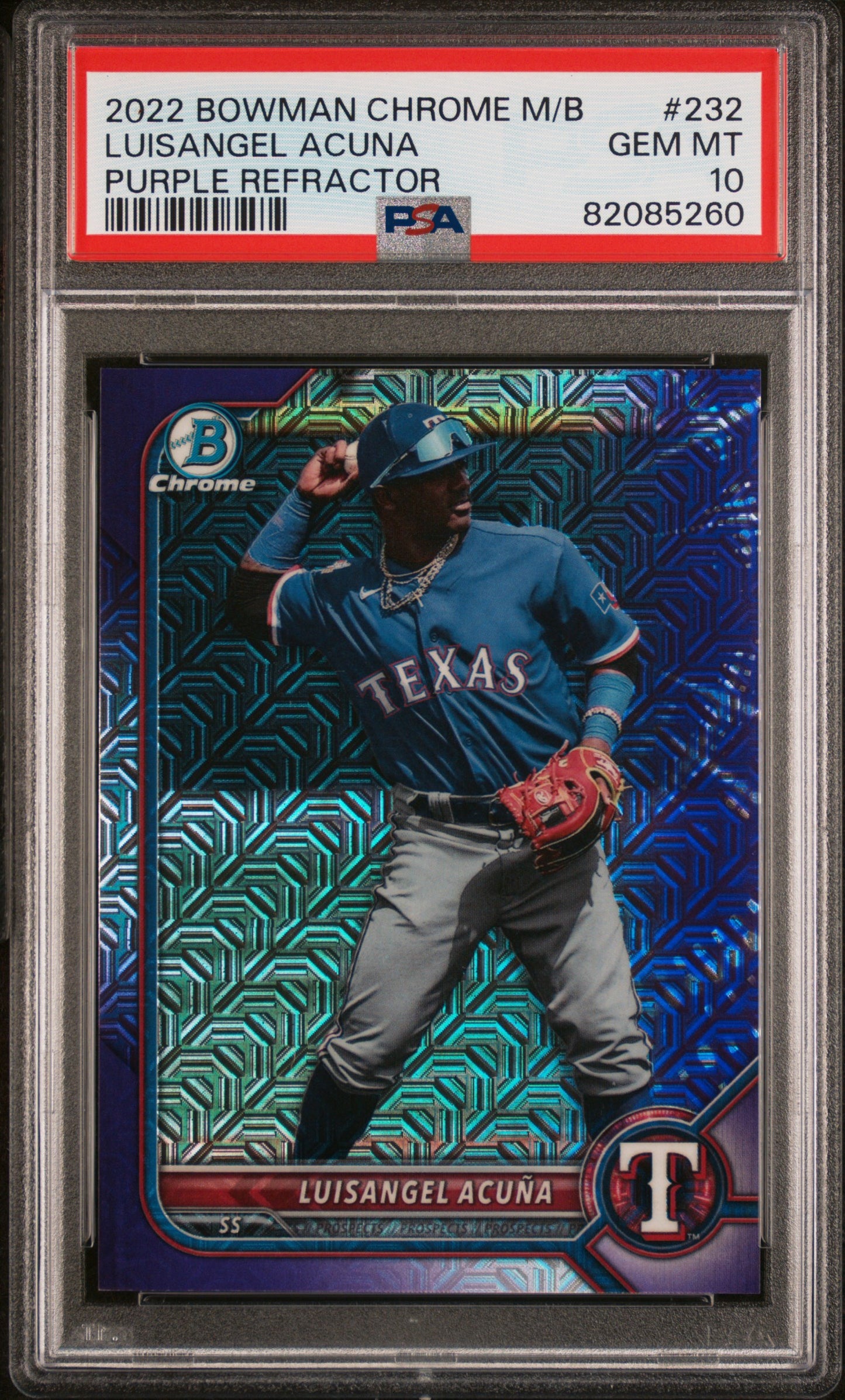 Graded 2022 Topps Bowman Chrome Mega Box Luisangel Acuna #232 Purple Refractor /250 Rookie RC Baseball Card PSA 10 Gem Mint