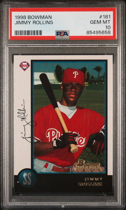 Graded 1998 Topps Bowman Jimmy Rollins #181 Rookie RC Baseball Card PSA 10 Gem Mint