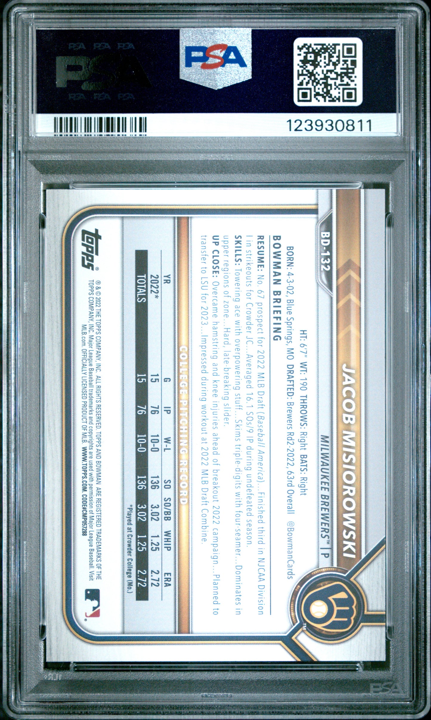 Graded 2022 Topps Bowman Draft Jacob Misiorowski #BD132 Rookie RC Baseball Card PSA 9 Mint