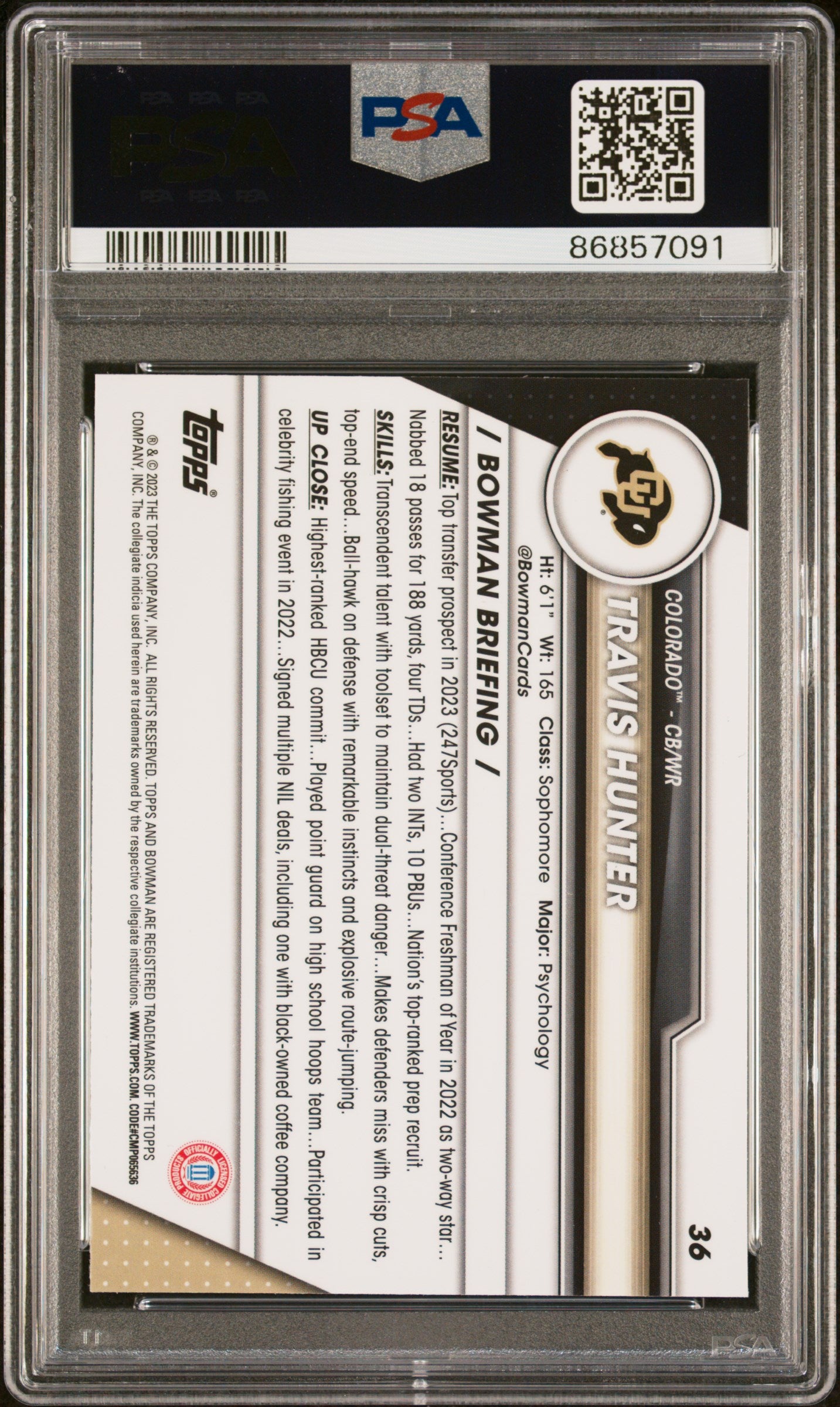 Graded 2023 Topps Bowman U Chrome Travis Hunter #36 Purple Shimmer Rookie RC Football Card PSA 10 Gem Mint