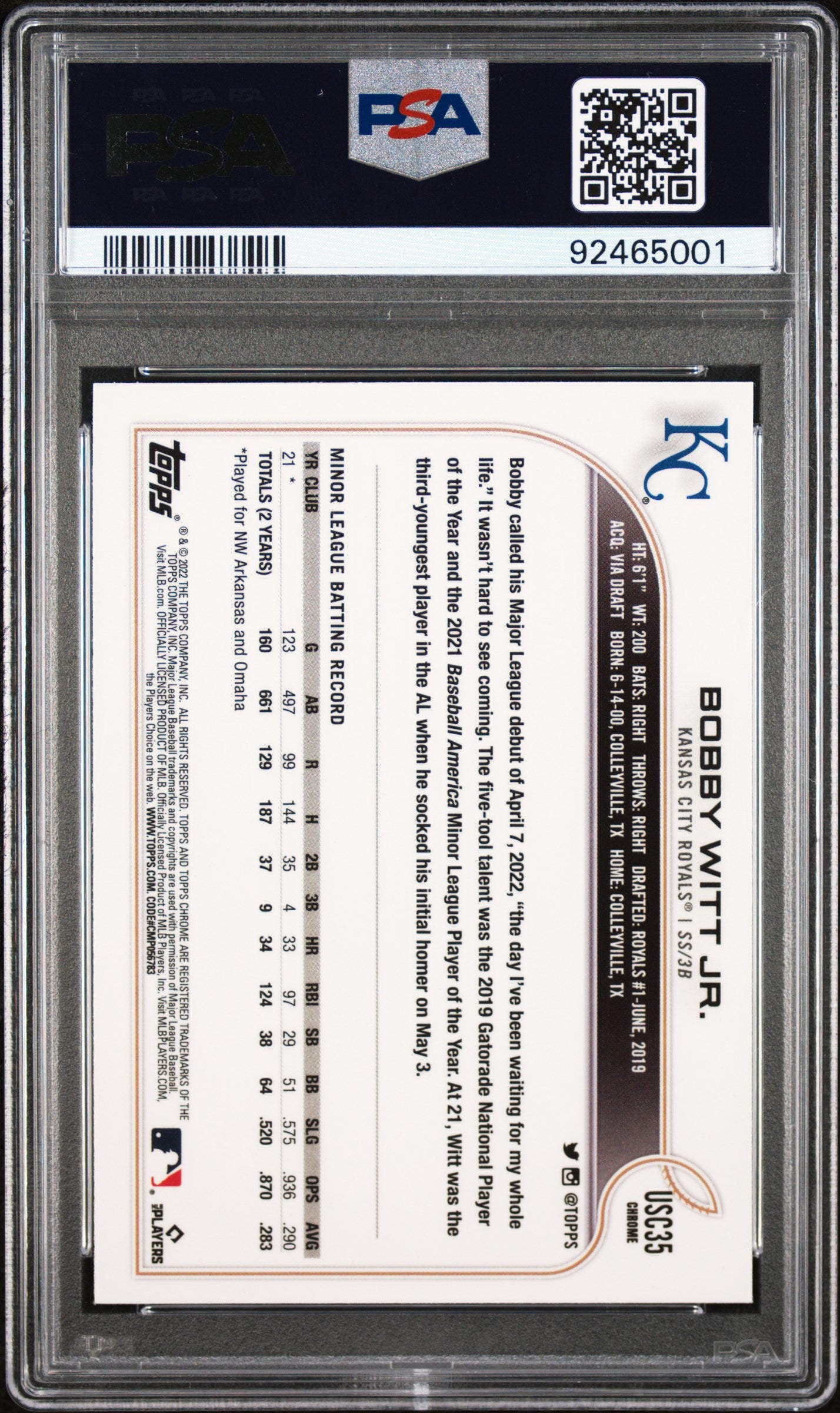Graded 2022 Topps Chrome Update Bobby Witt Jr. #USC35 Rookie RC Baseball Card PSA 9 Mint