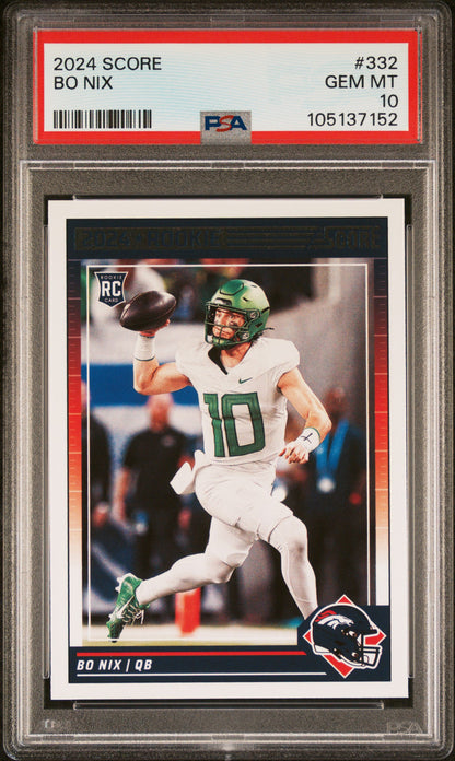 Graded 2024 Panini Scroe Bo Nix #332 Rookie RC Football Card PSA 10 Gem Mint