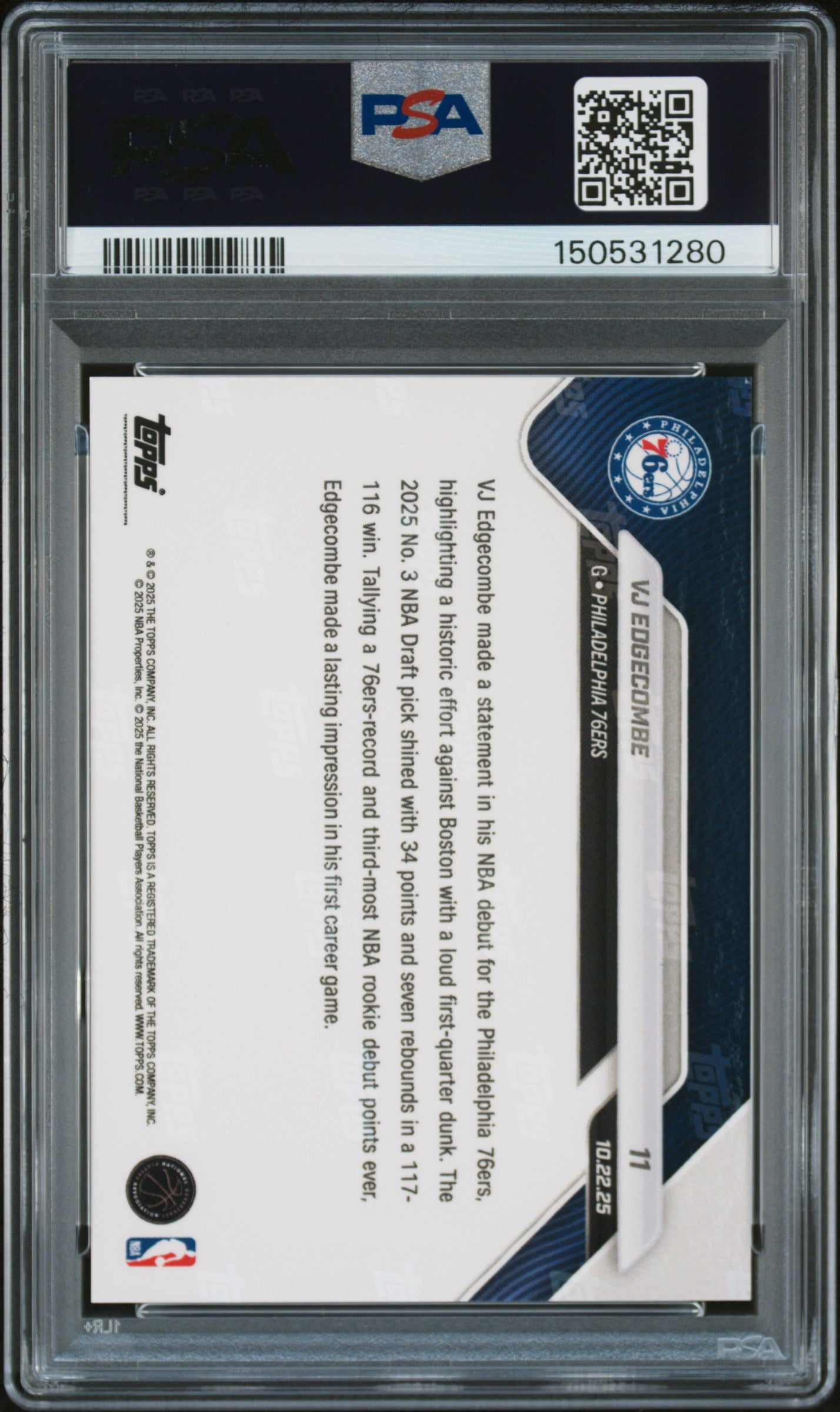 Graded 2025 Topps Now VJ Edgecombe #11 Rookie RC Basketball Card PSA 9 Mint