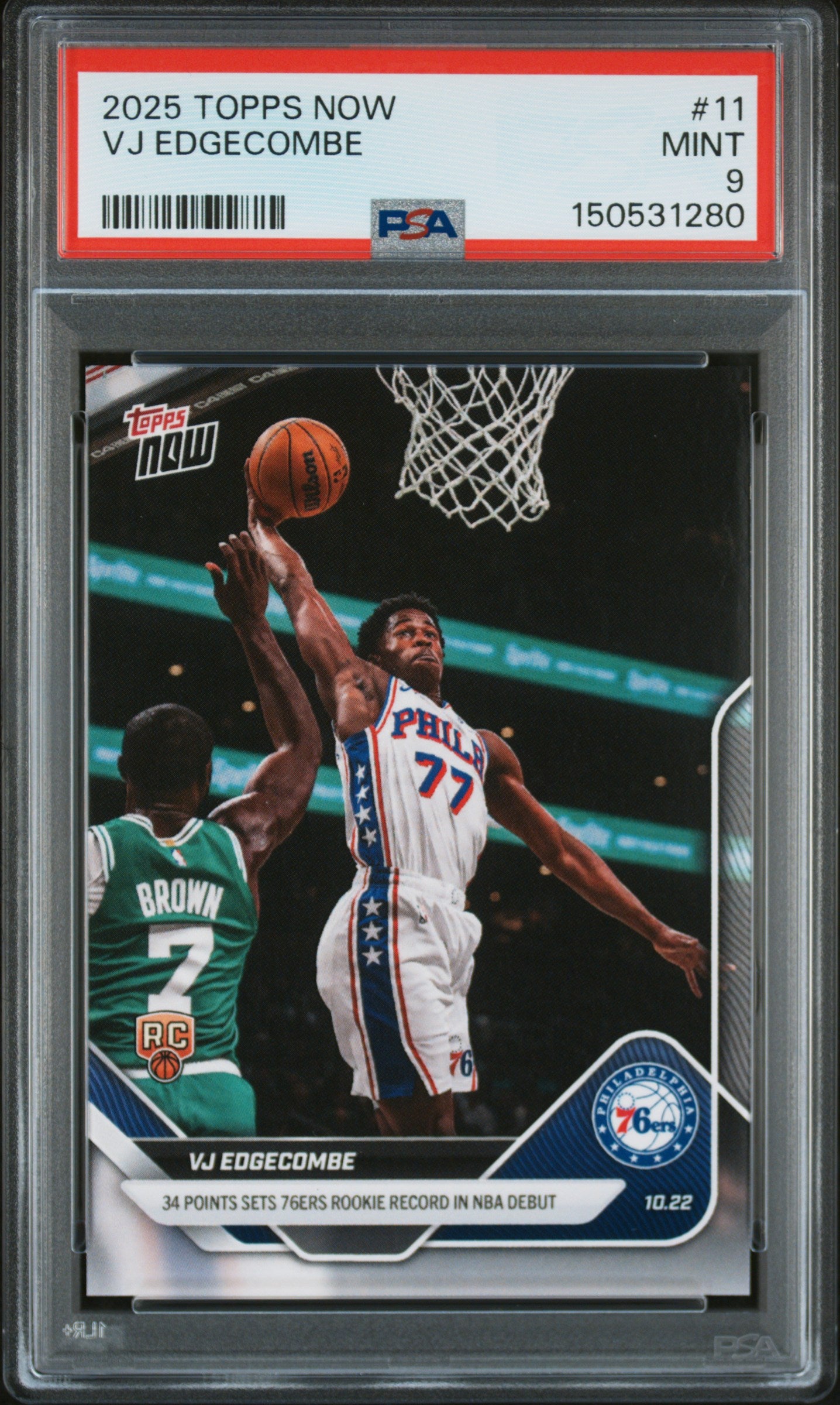 Graded 2025 Topps Now VJ Edgecombe #11 Rookie RC Basketball Card PSA 9 Mint