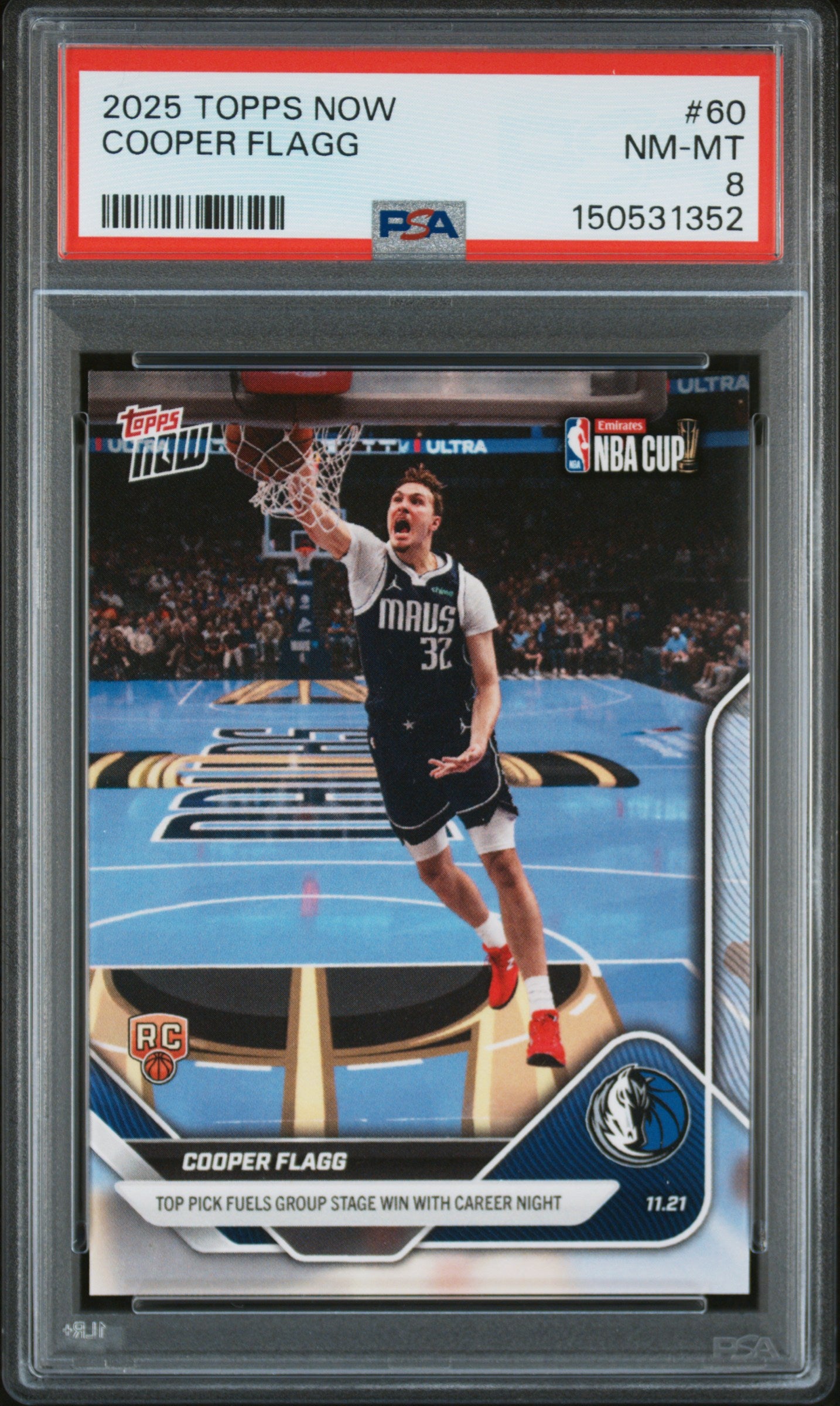 Graded 2025 Topps Now Cooper Flagg #60 Rookie RC Basketball Card PSA 8 Near Mint