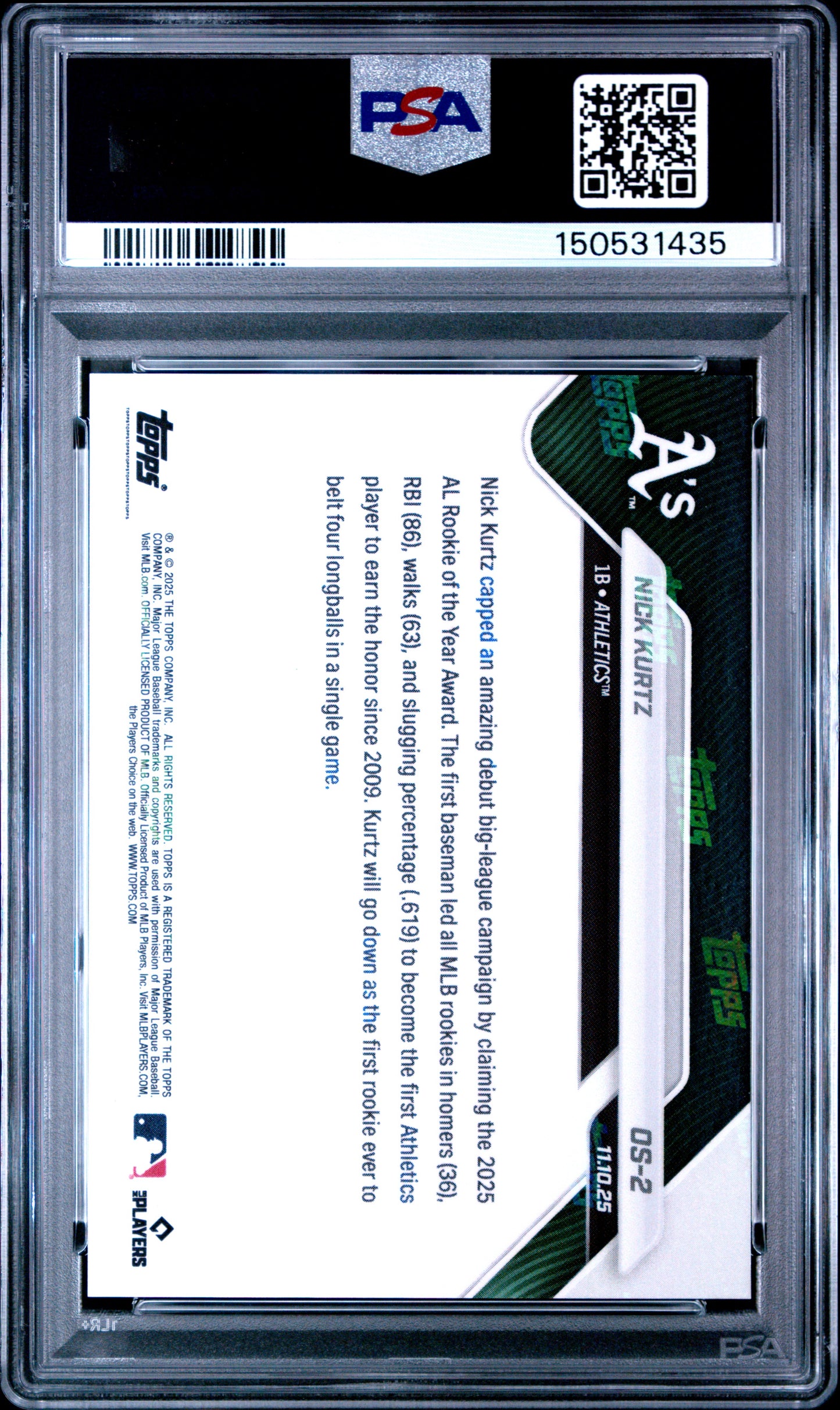 Graded 2025 Topps Now Nick Kurtz #OS2 Offseason Rookie RC Baseball Card PSA 10 Gem Mint