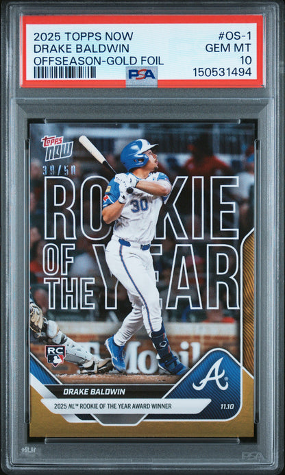 Graded 2025 Topps Now Drake Baldwin #OS1 Offseason Gold Foil /50 Rookie RC Baseball Card PSA 10 Gem Mint