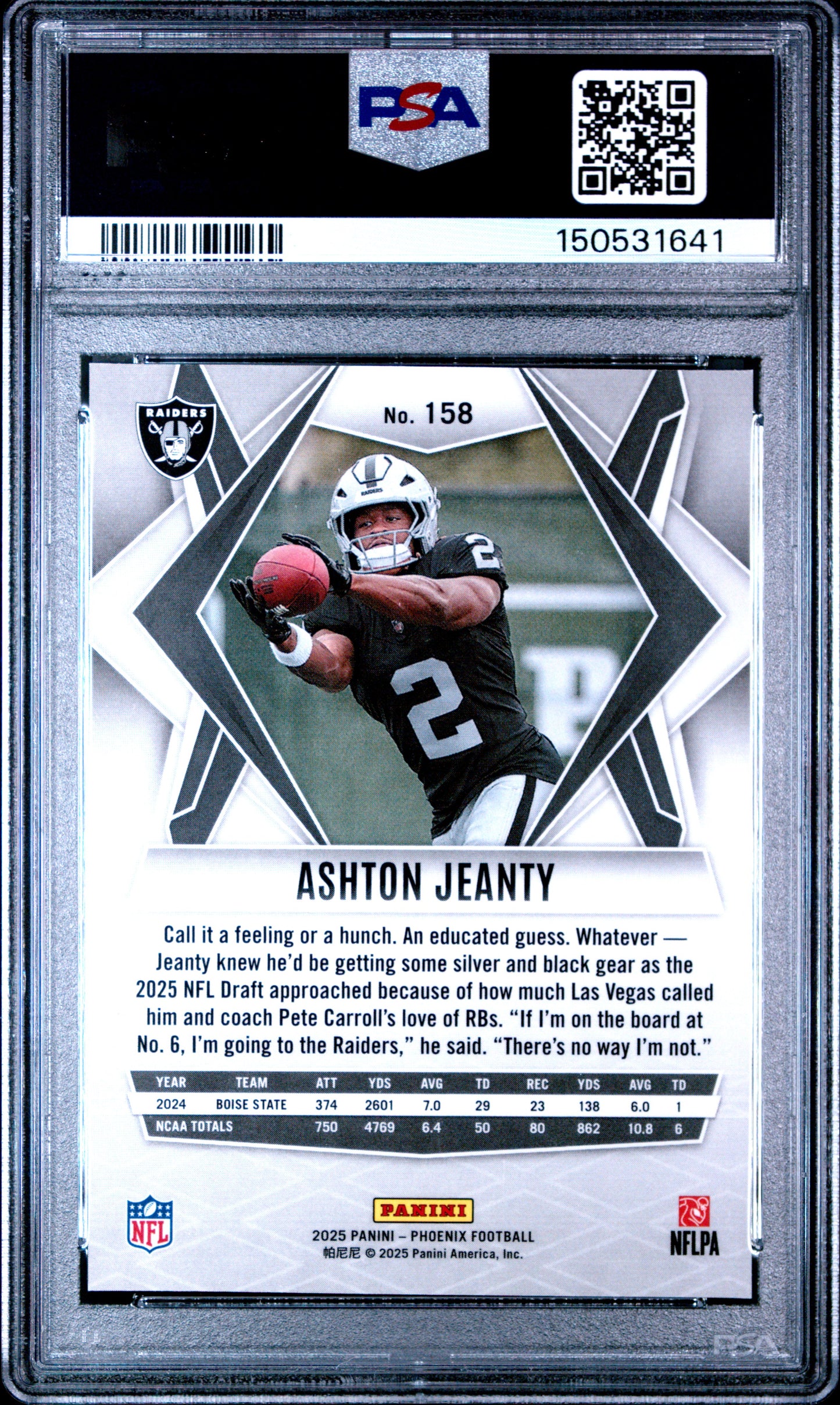 Graded 2025 Panini Phoenix Ashton Jeanty #158 Rookie RC Football Card PSA 9 Mint