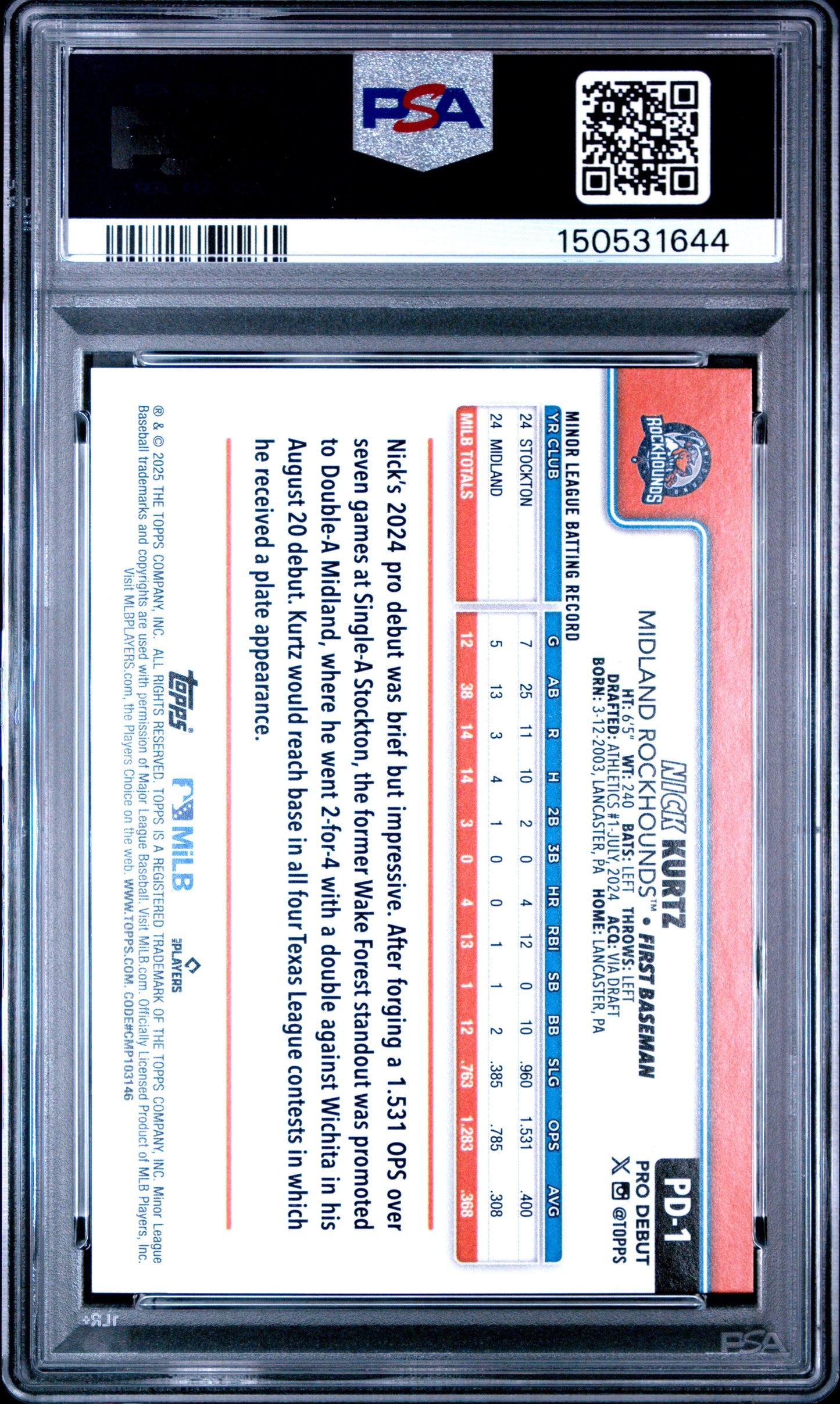 Graded 2025 Topps Pro Debut Nick Kurtz #PD1 Rookie RC Baseball Card PSA 10 Gem Mint