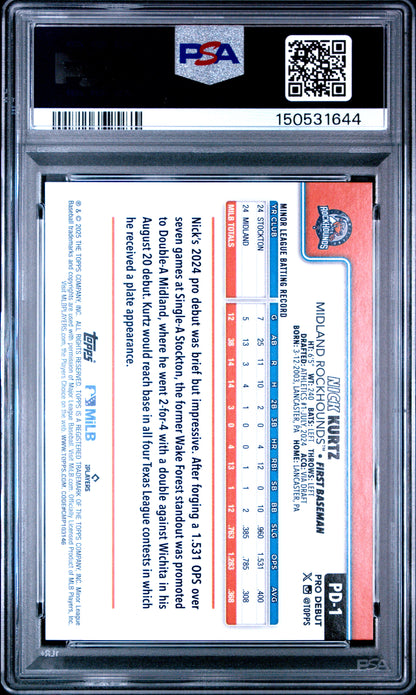 Graded 2025 Topps Pro Debut Nick Kurtz #PD1 Rookie RC Baseball Card PSA 10 Gem Mint