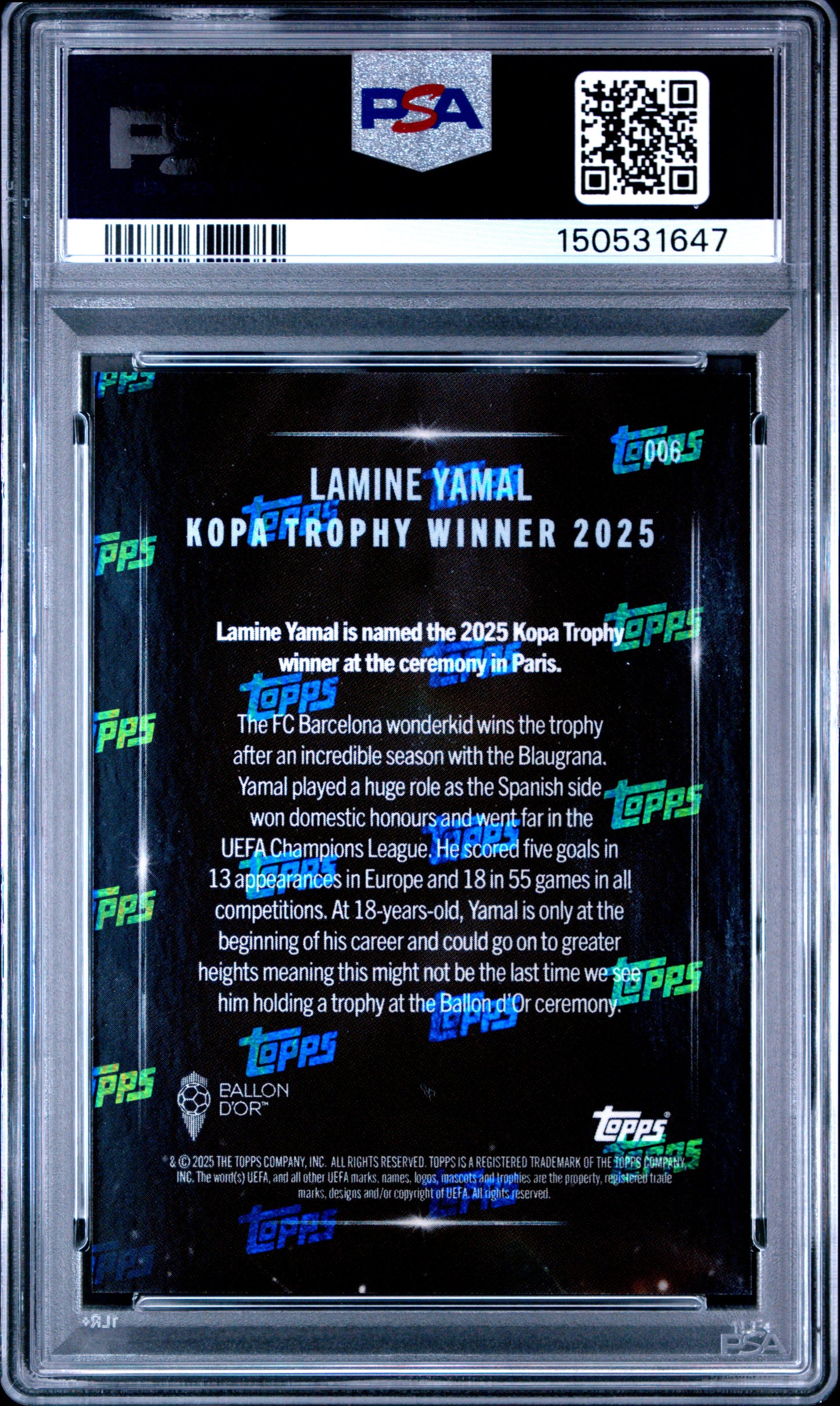 Graded 2025 Topps Now Ballon d'Or Lamine Yamal #6 Soccer Card PSA 10 Gem Mint