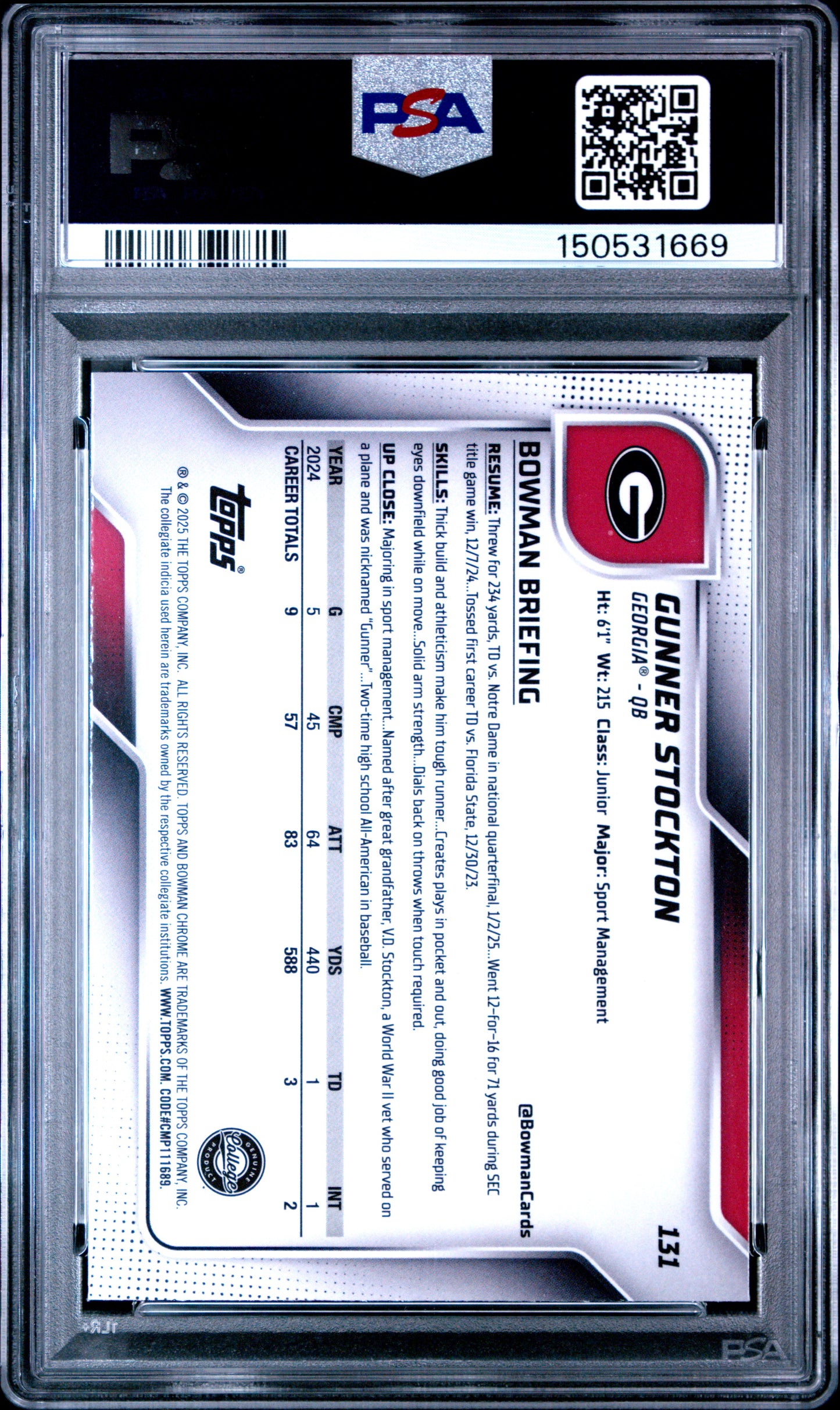 Graded 2025 Topps Bowman University Chrome Gunner Stockton #131 Rookie RC Football Card PSA 9 Mint