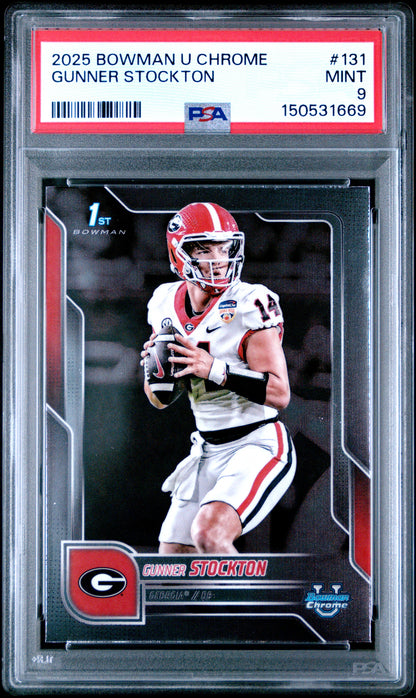 Graded 2025 Topps Bowman University Chrome Gunner Stockton #131 Rookie RC Football Card PSA 9 Mint