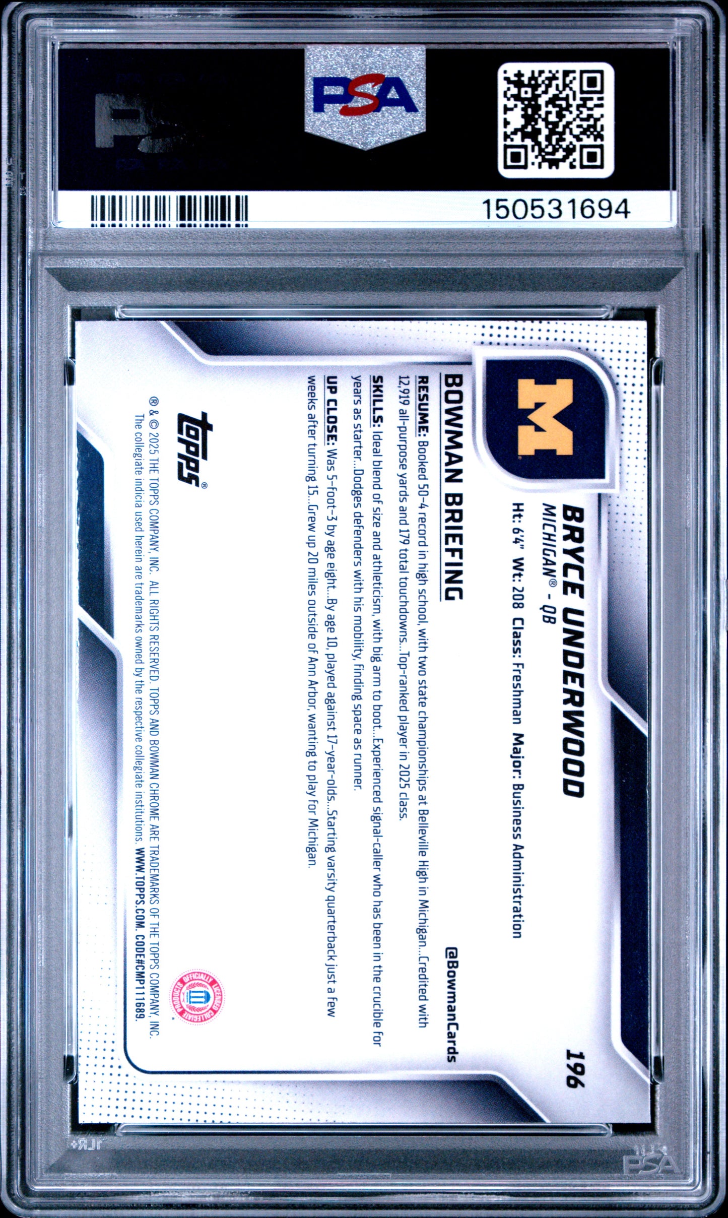 Graded 2025 Topps Bowman University Chrome Bryce Underwood #196 Rookie RC Football Card PSA 10 Gem Mint