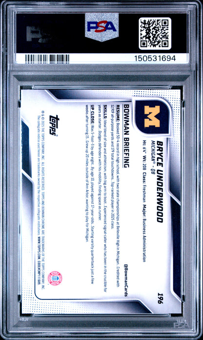 Graded 2025 Topps Bowman University Chrome Bryce Underwood #196 Rookie RC Football Card PSA 10 Gem Mint