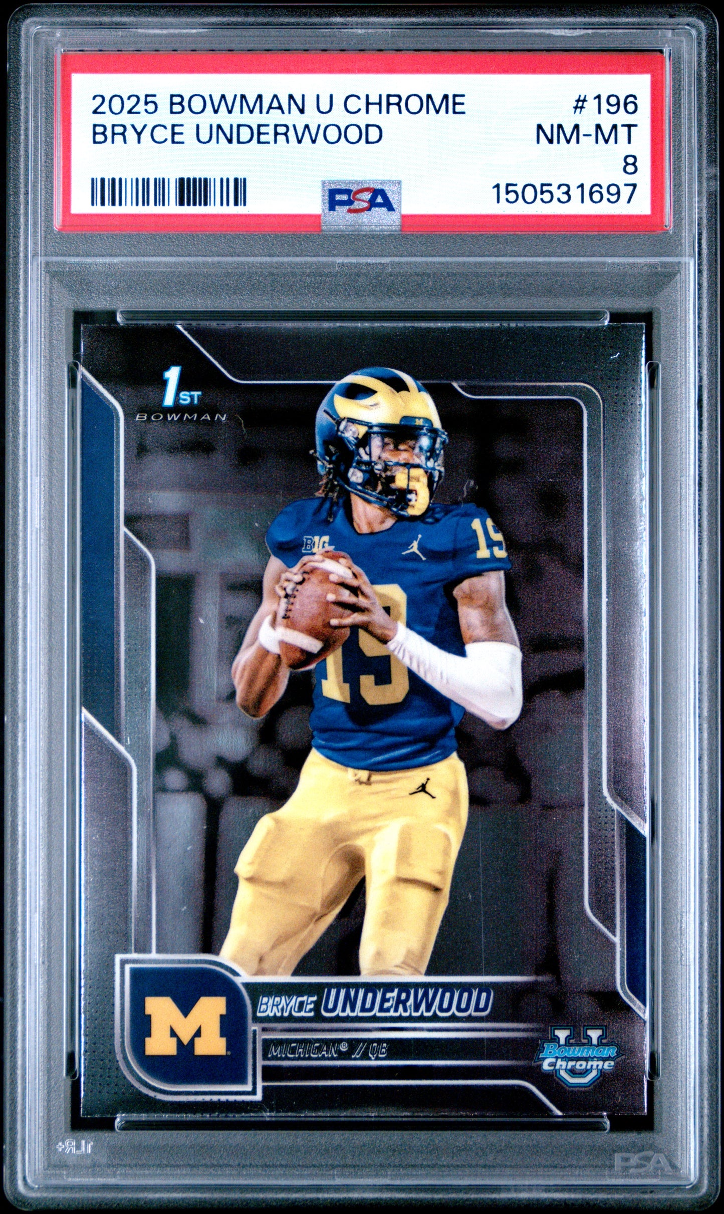 Graded 2025 Topps Bowman University Chrome Bryce Underwood #196 Rookie RC Football Card PSA 8 Near Mint