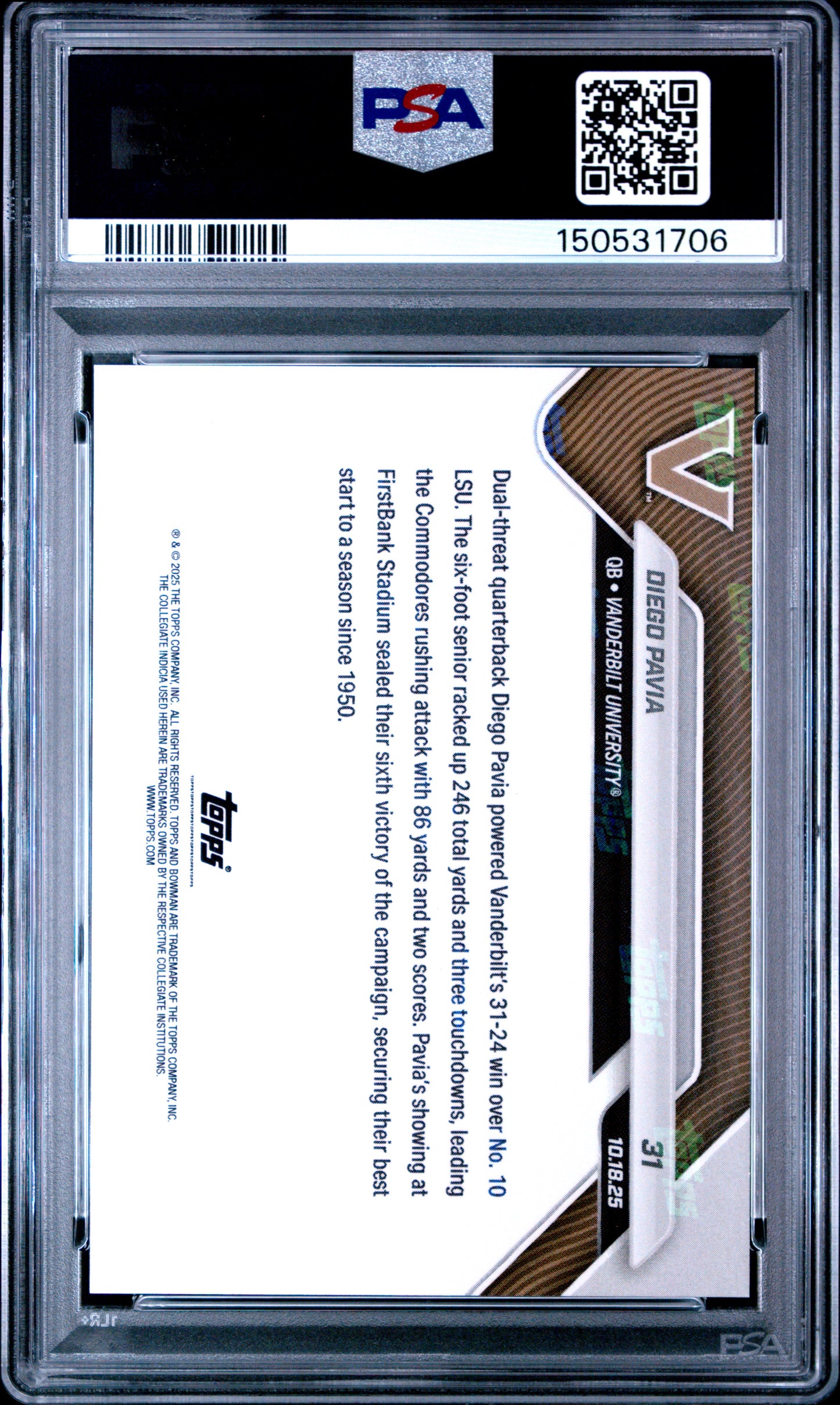 Graded 2025 Topps Bowman U Now Diego Pavia #31 Rookie RC Football Card PSA 7 Near Mint