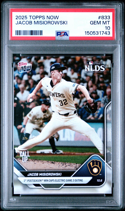 Graded 2025 Topps Now Jacob Misiorowski #833 Rookie RC Baseball Card PSA 10 Gem Mint