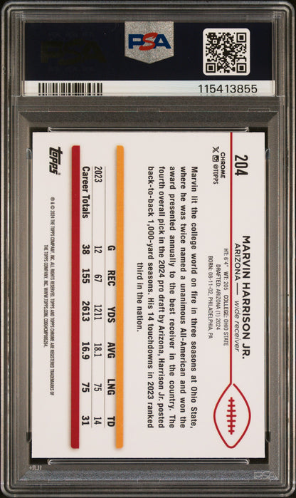 Graded 2024 Topps Chrome Marvin Harrison Jr #204 Rookie RC Football Card PSA 10 Gem Mint