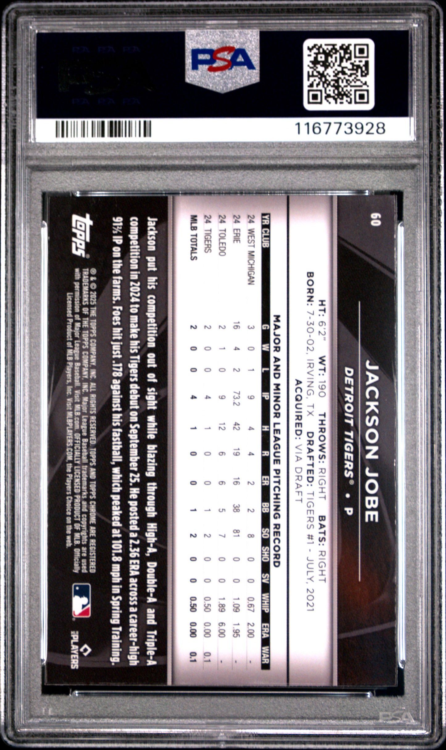 Graded 2025 Topps Chrome Black Jackson Jobe #60 Rookie RC Baseball Card PSA 10 Gem Mint