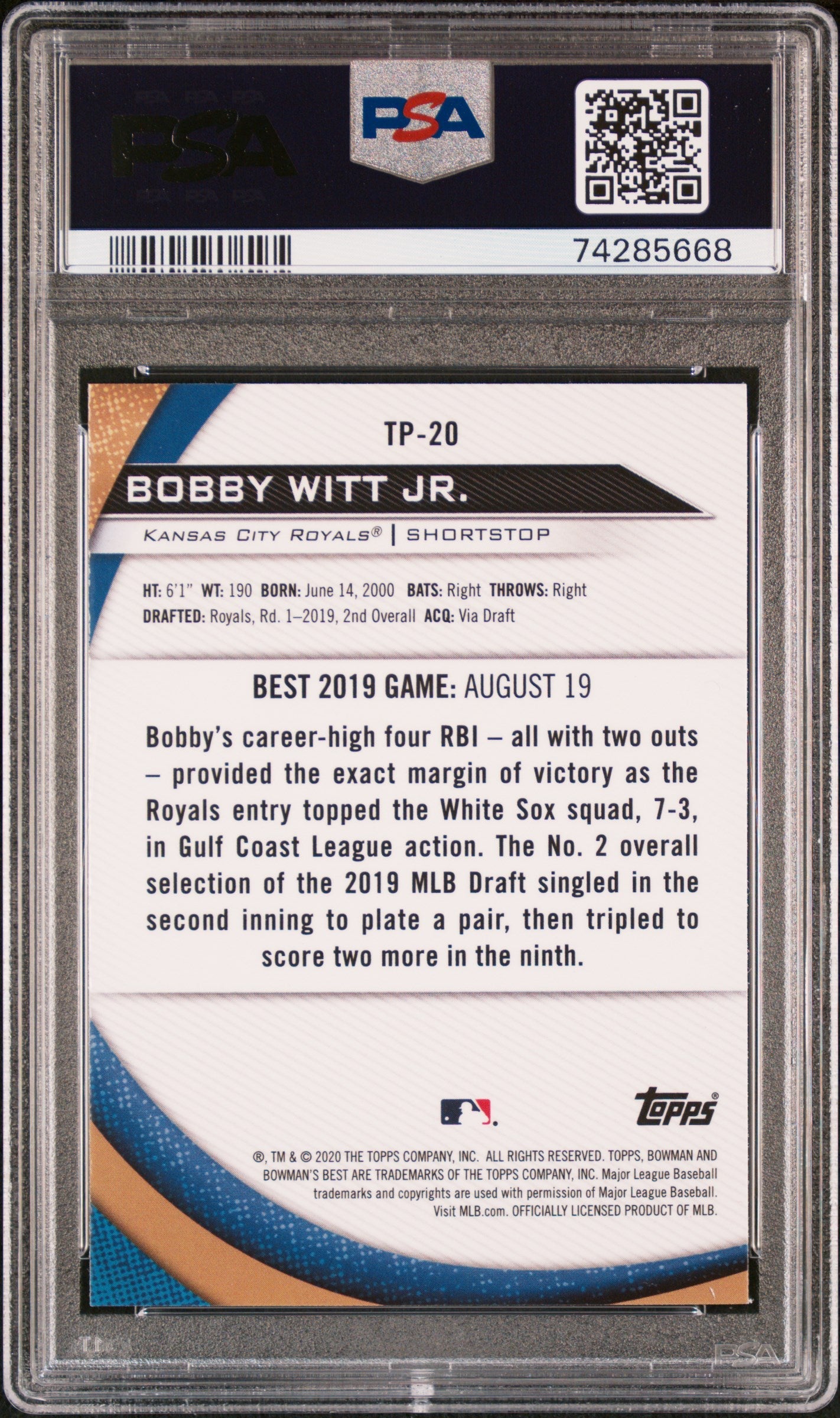 Graded 2020 Topps Bowman's Best Bobby Witt Jr. #TP20 Top Prospects Rookie RC Baseball Card PSA 10 Gem Mint