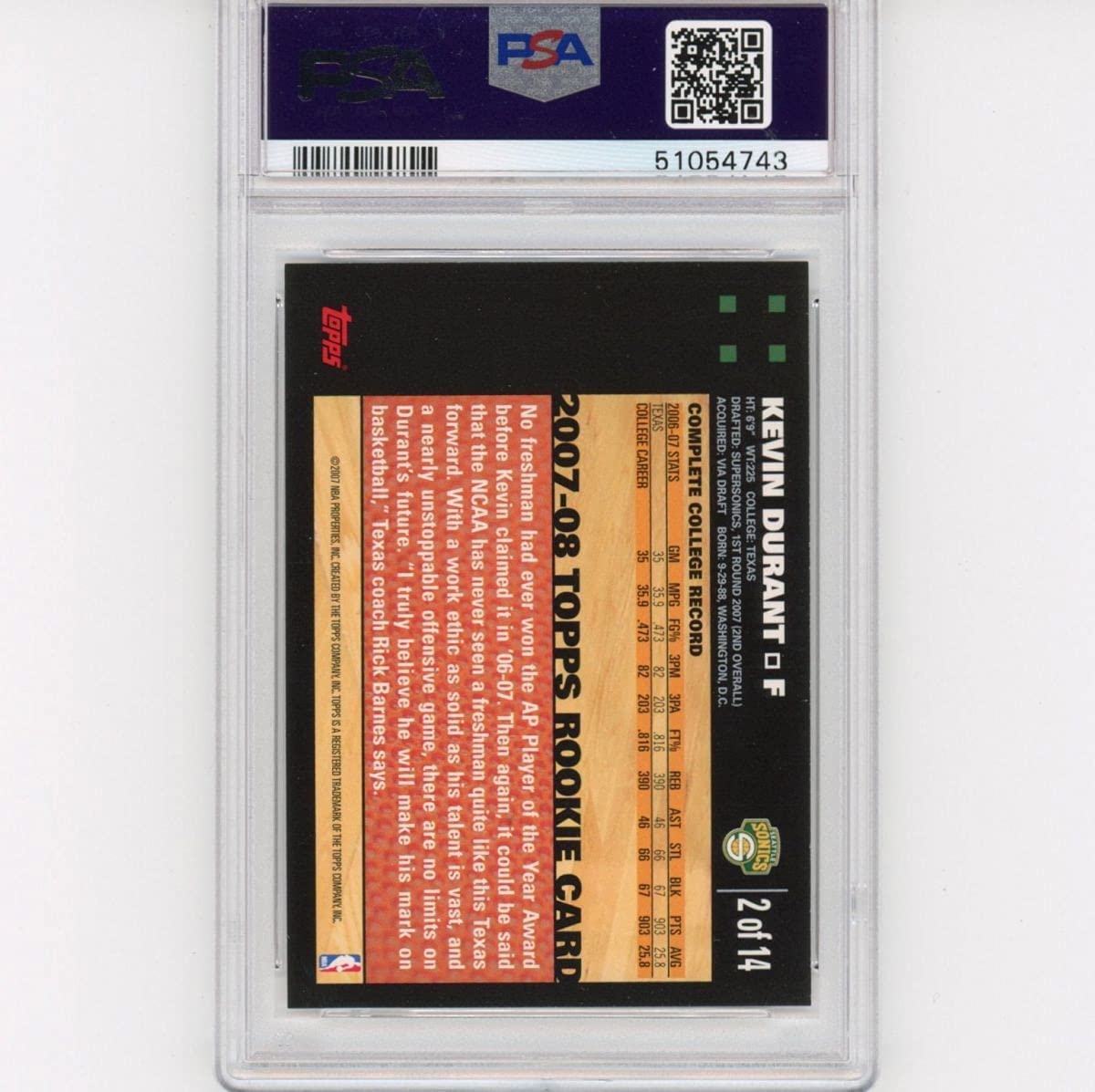 Graded 2007-08 Topps Kevin Durant #2 White Border Rookie RC Basketball Card PSA 10 Gem Mint