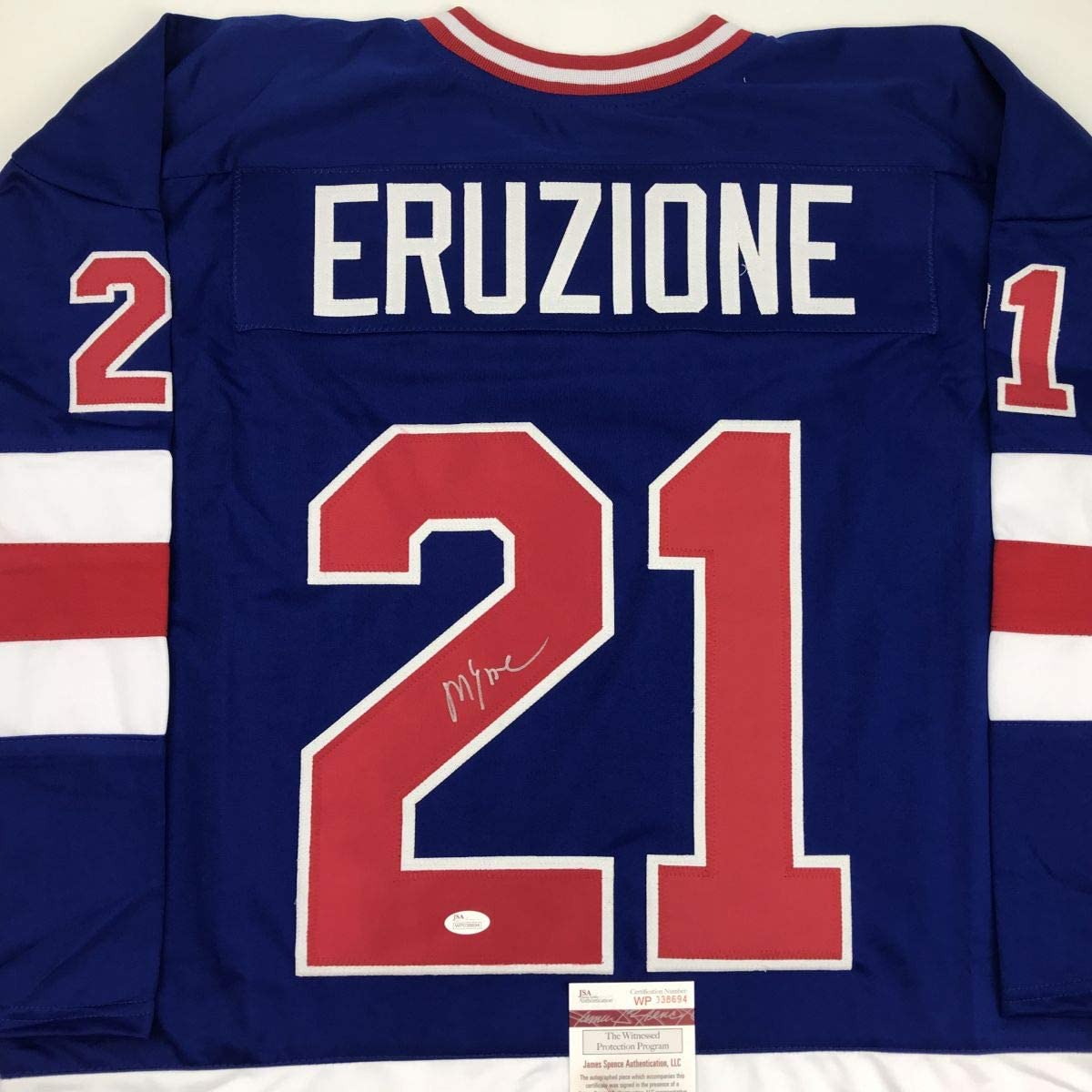 Autographed/Signed Mike Eruzione Blue Team USA Miracle On Ice 1980 Hockey Jersey JSA COA