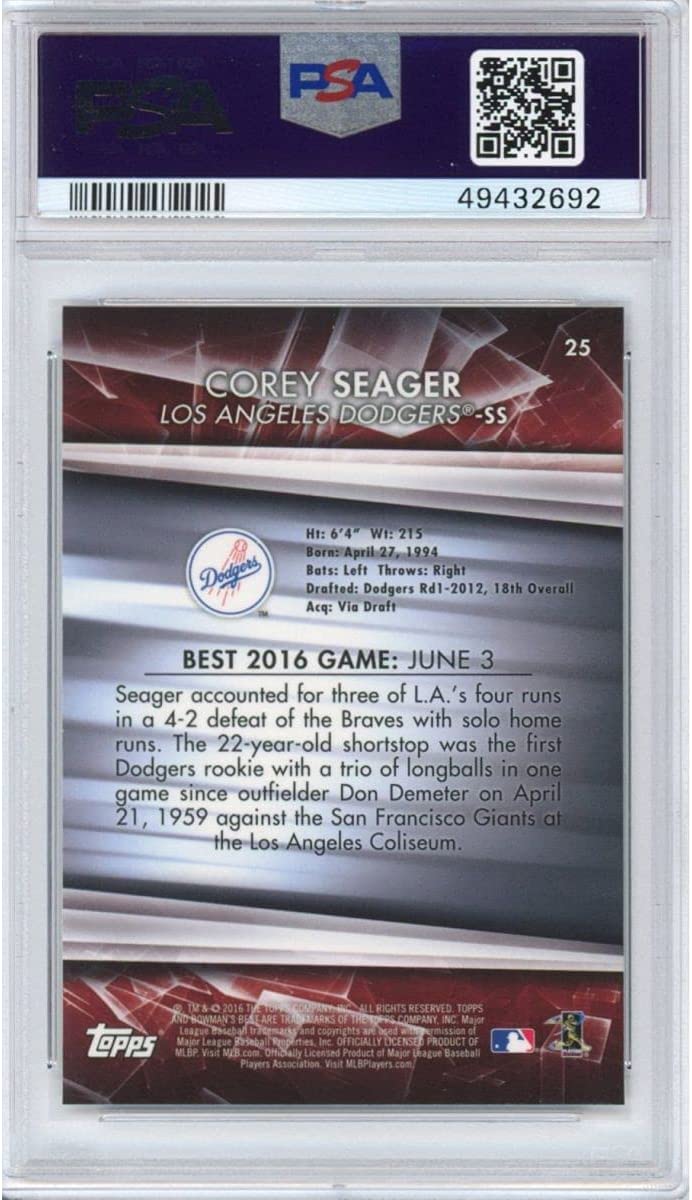Graded 2016 Bowman's Best Corey Seager #25 Rookie RC Baseball Card PSA 10 Gem Mint