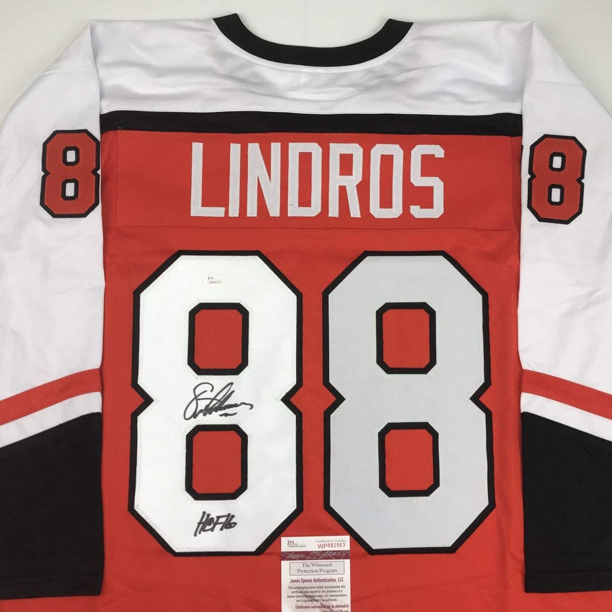 Autographed/Signed Eric Lindros"HOF 16" Philadelphia Orange Hockey Jersey JSA COA