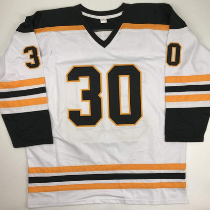 Autographed/Signed Gerry Cheevers"HOF 85" Boston White Hockey Jersey JSA COA