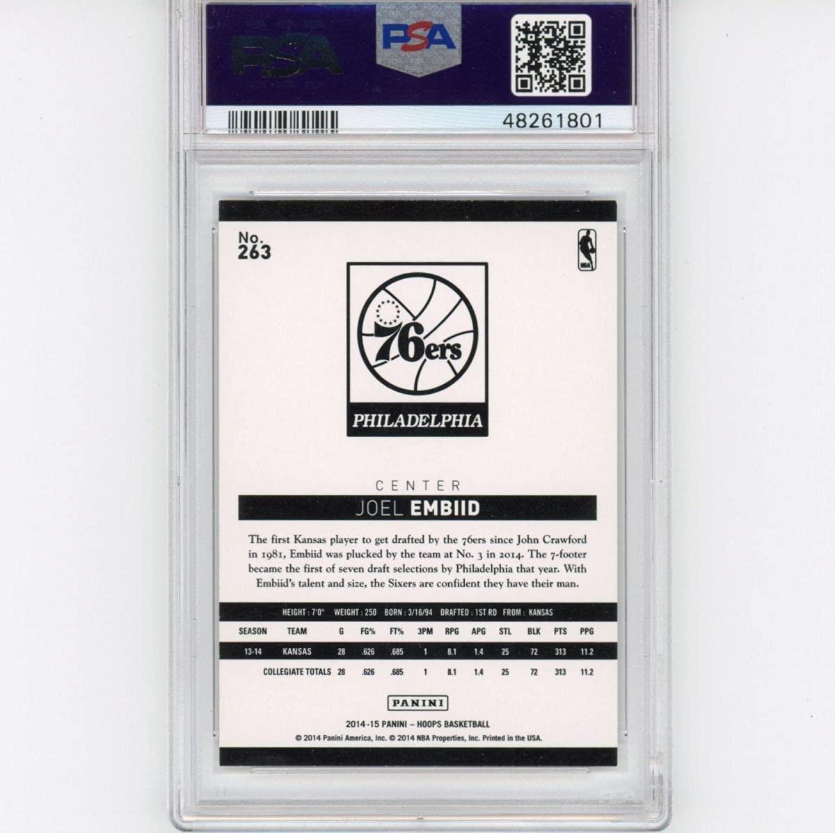 Graded 2014-15 Panini Hoops Joel Embiid #263 Rookie RC Basketball Card PSA 9 Mint