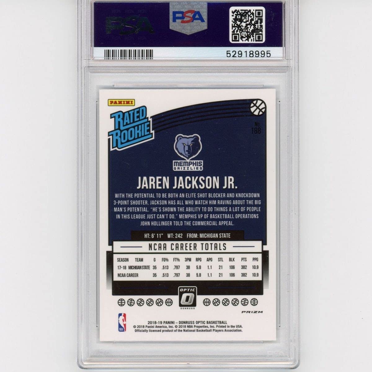 Graded 2018-19 Panini Donruss Optic Jaren Jackson Jr. #188 Shock Rookie RC Basketball Card PSA 10 Gem Mint