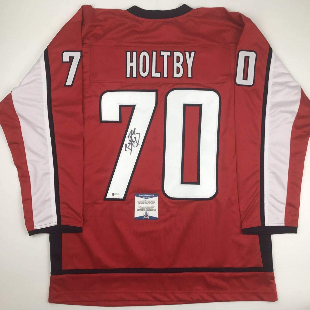 Autographed/Signed Braden Holtby Washington Red Hockey Jersey Beckett BAS COA