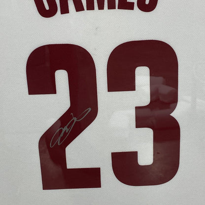 Framed Autographed/Signed LeBron James 33x42 Cleveland Cavaliers White Basketball Jersey PSA/DNA COA/LOA