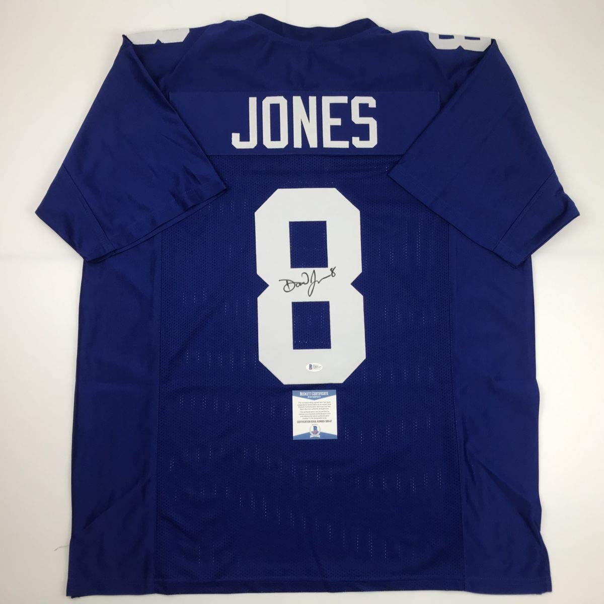 Autographed/Signed Daniel Jones New York Blue Football Jersey Beckett BAS COA