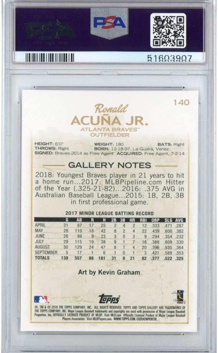 Graded 2018 Topps Gallery Ronald Acuna Jr. #140 Rookie RC Baseball Card PSA 10 Gem Mint