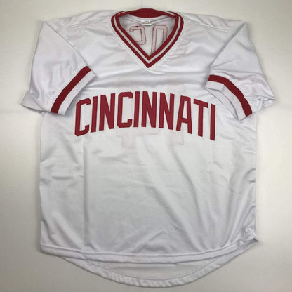 Autographed/Signed Pete Rose Cincinnati White Baseball Jersey JSA COA