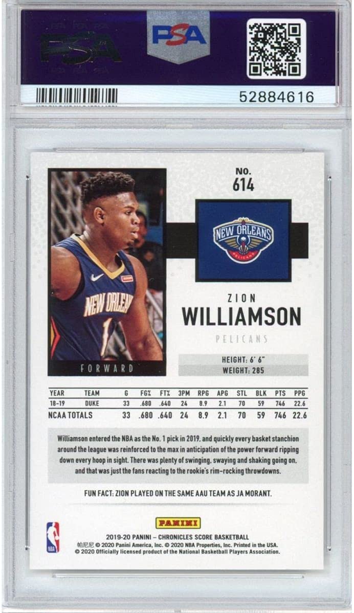Graded 2019-20 Panini Chronicles Zion Williamson #614 Rookie RC Basketball Card PSA 10 Gem Mint