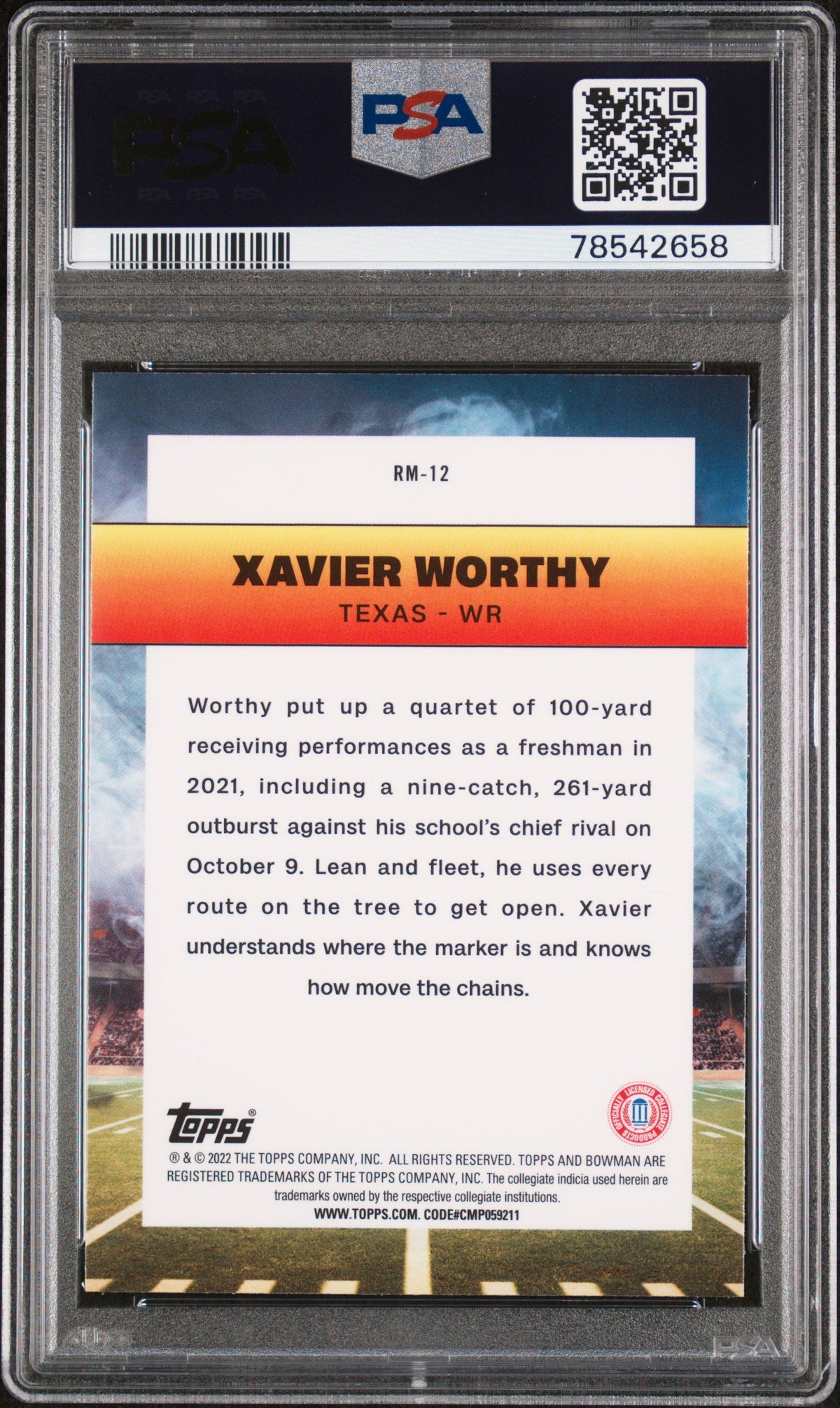 Graded 2022 Topps Bowman University Xavier Worthy #RM12 Ramblin Man Rookie RC Football Card PSA 10 Gem Mint