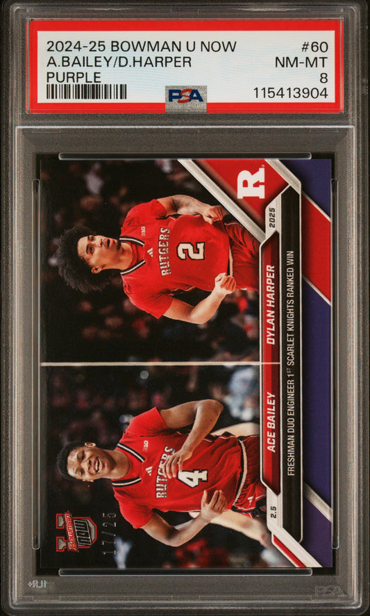 Graded 2024 Topps Bowman U Now Dylan Harper/Ace Bailey #60 Purple /25 Rookie RC Basketball Card PSA 8 Near Mint