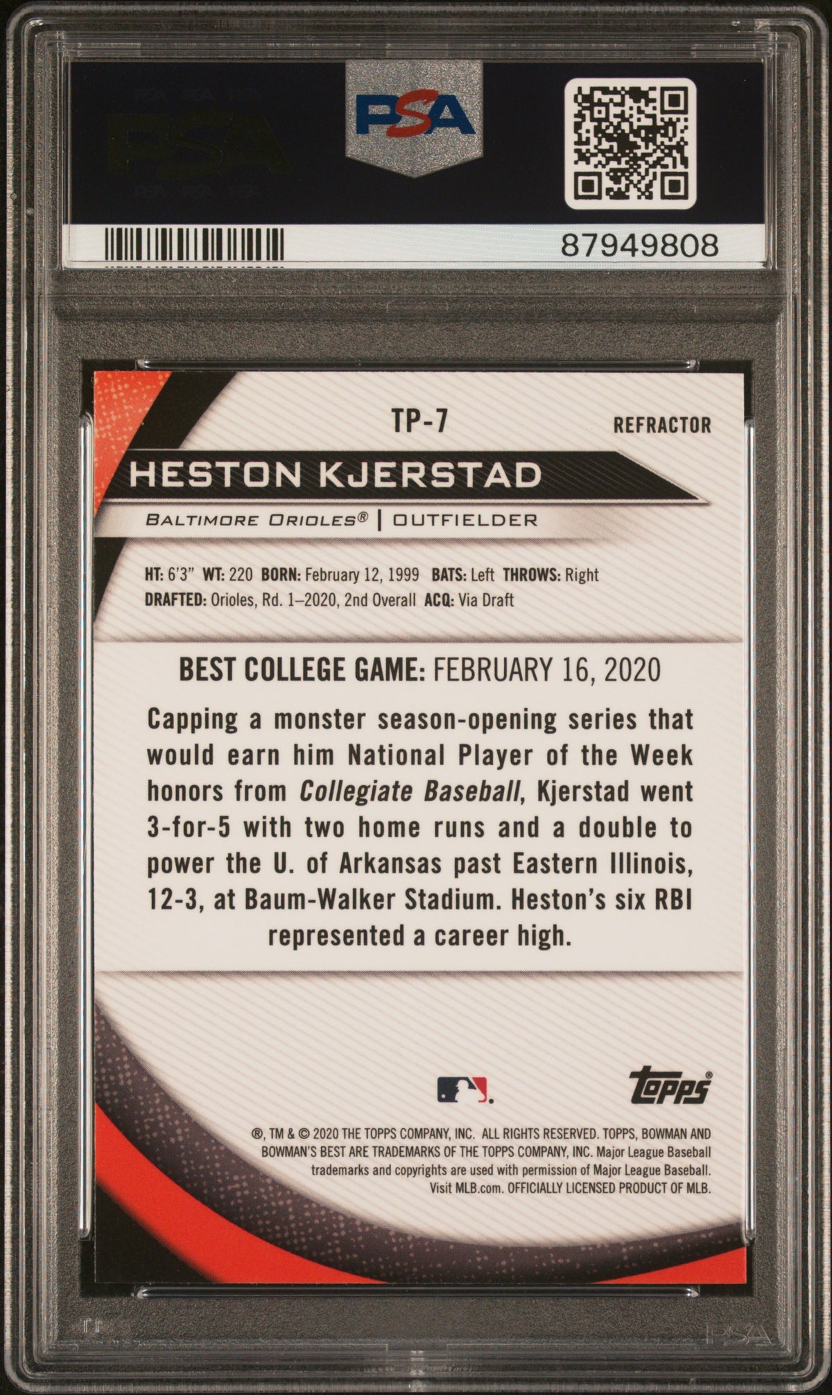 Graded 2020 Topps Bowmans Best Heston Kjerstad #TP7 Top Prospects Refractor Rookie RC Baseball Card PSA 10 Gem Mint