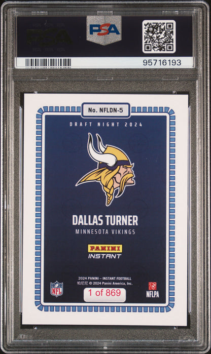 Graded 2024 Panini Instant NFL Dallas Turner #5 Draft Night Rookie RC Football Card PSA 8 Near Mint