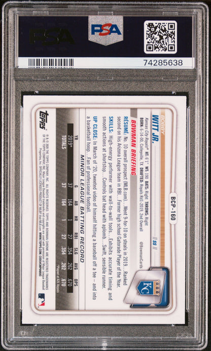 Graded 2020 Topps Bowman Chrome Bobby Witt Jr. #BCP160 Mega Box Rookie RC Baseball Card PSA 10 Gem Mint