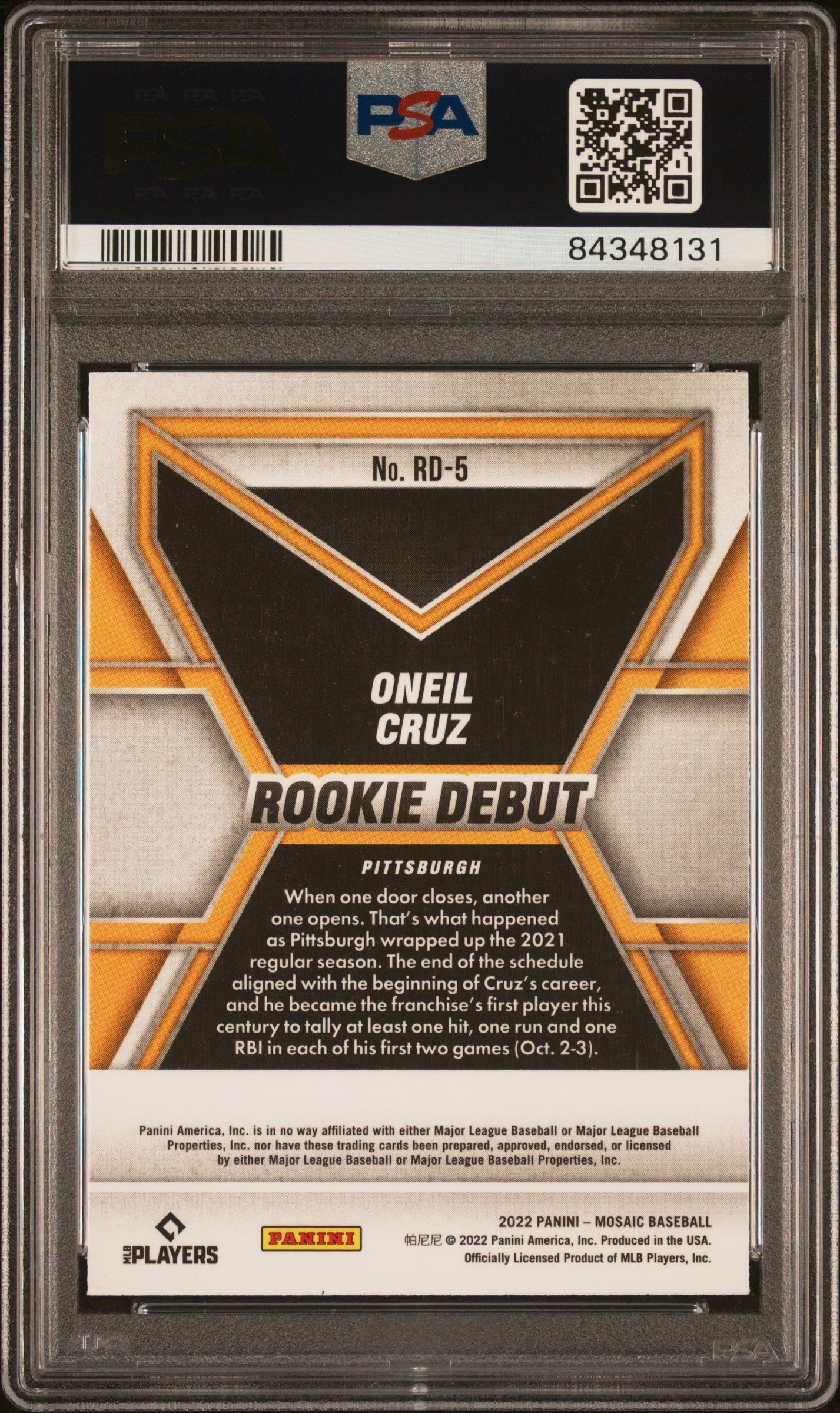 Graded 2022 Panini Mosaic Oneil Cruz #RD5 Rookie Debut RC Baseball Card PSA 10 Gem Mint