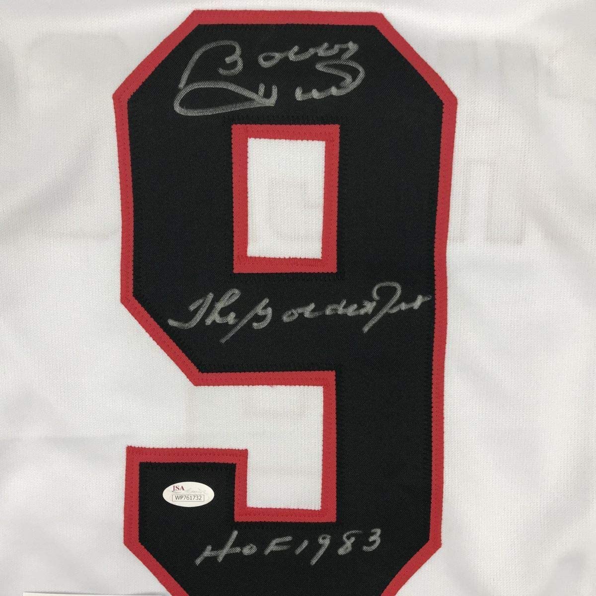 Framed Autographed/Signed Bobby Hull The Golden Jet HOF 1983 33x42 Chicago White Hockey Jersey JSA COA